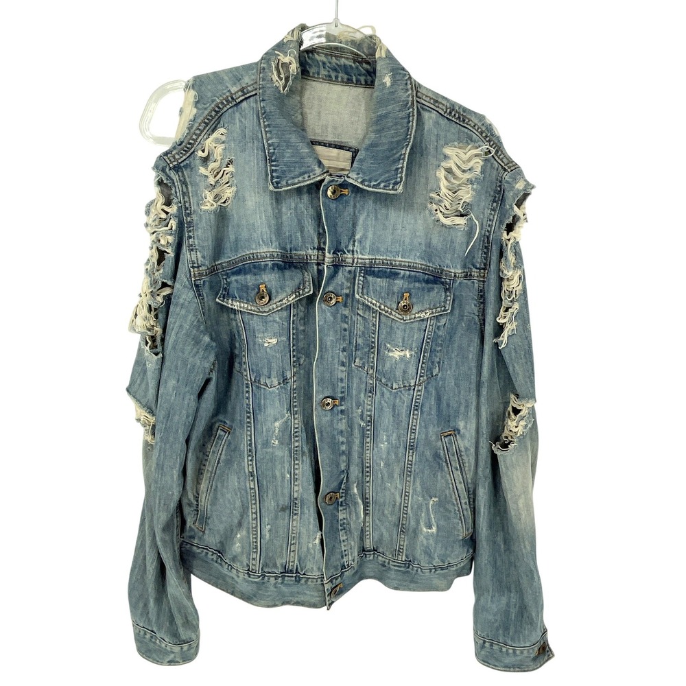 GAP 1969 Distressed Mens Denim Jacket Light Wash L Cotton Trucker Grunge Y2K